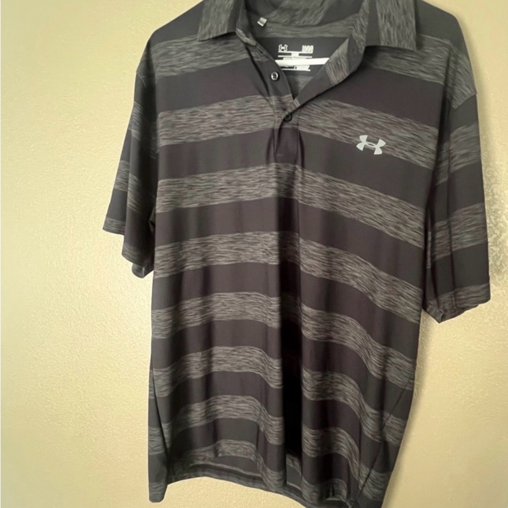LG Men's Black and Gray Striped Golf Polo Shirt